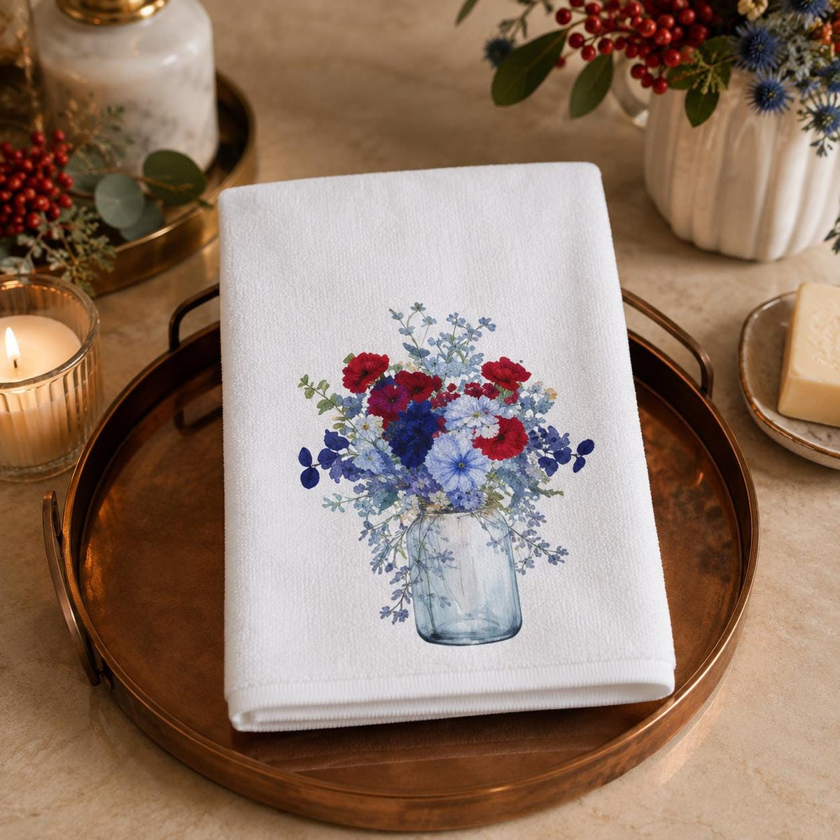 Red Blue Floral Hand Towel, Mason Jar Bouquet, Botanical Bathroom Decor, Patriotic Guest Gift