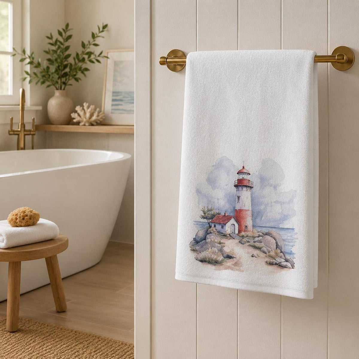 Coastal Bath Towel, Watercolor Lighthouse Design, 24 × 42 Inches