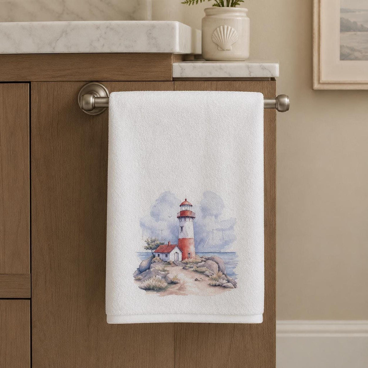 Coastal Bath Towel, Watercolor Lighthouse Design, 24 × 42 Inches