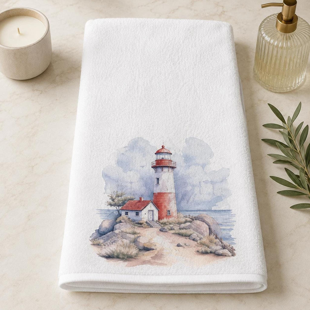 Coastal Bath Towel, Watercolor Lighthouse Design, 24 × 42 Inches