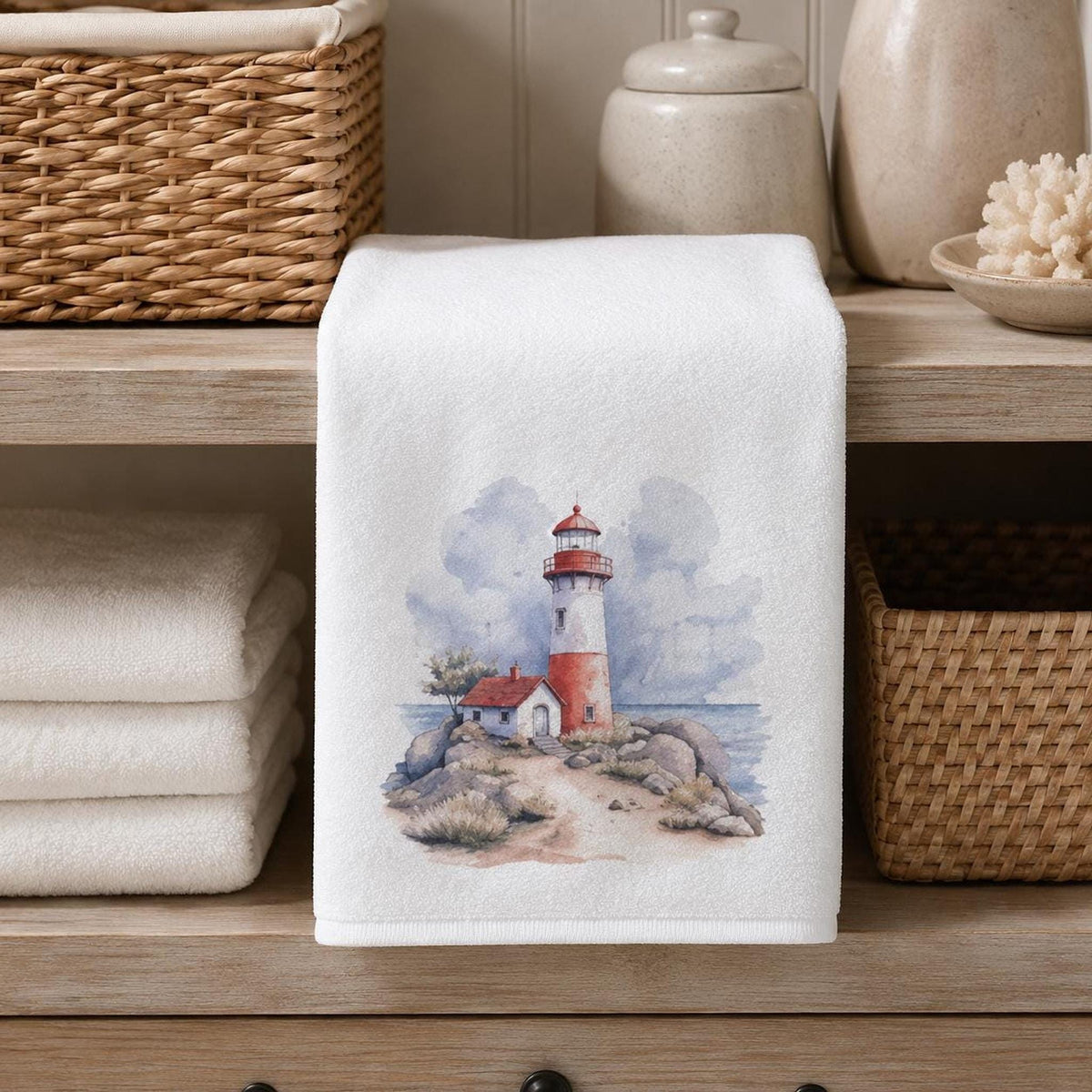 Coastal Bath Towel, Watercolor Lighthouse Design, 24 × 42 Inches