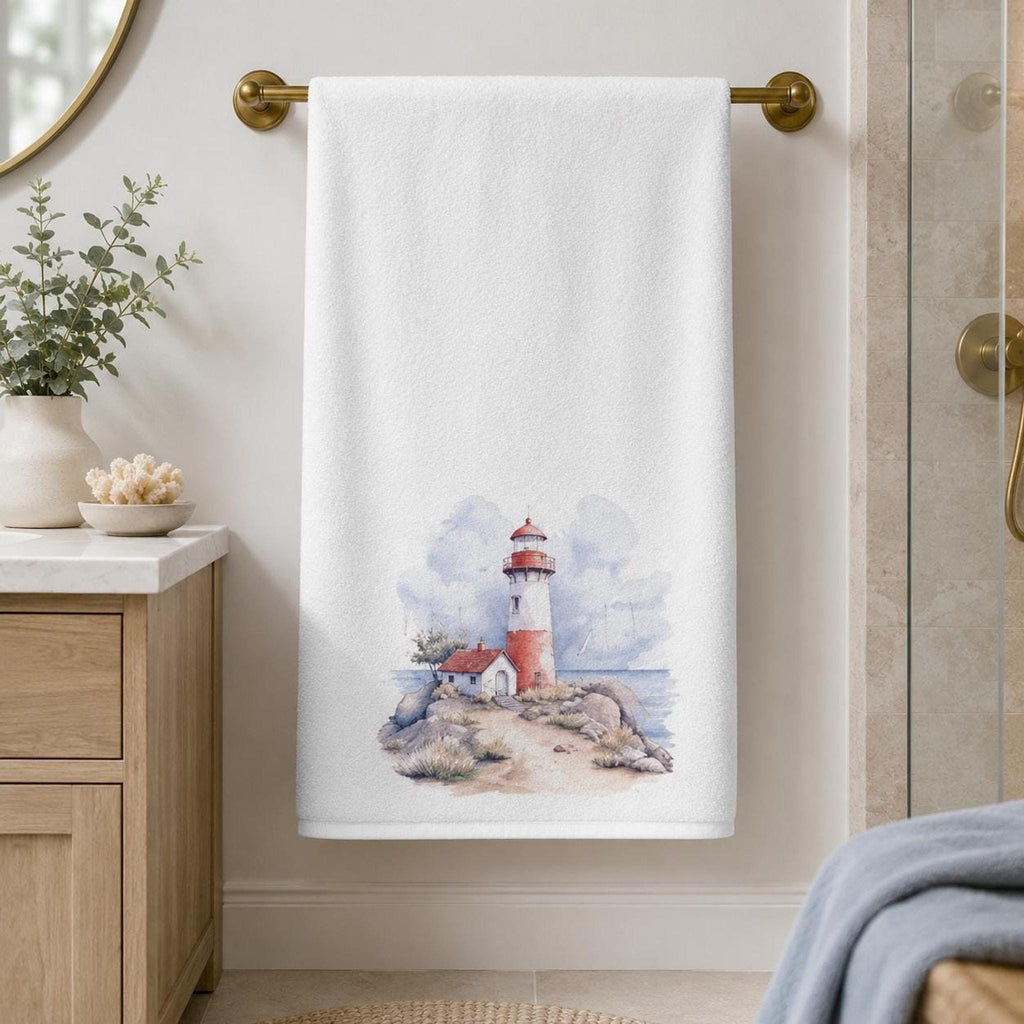 Coastal Bath Towel, Watercolor Lighthouse Design, 24 × 42 Inches