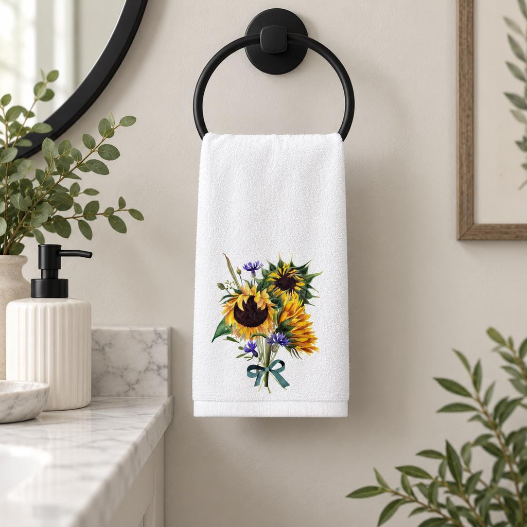 Sunflower Fingertip Towel, Floral Guest Bath Decor, Farmhouse Powder Room Accent, Hostess Gift