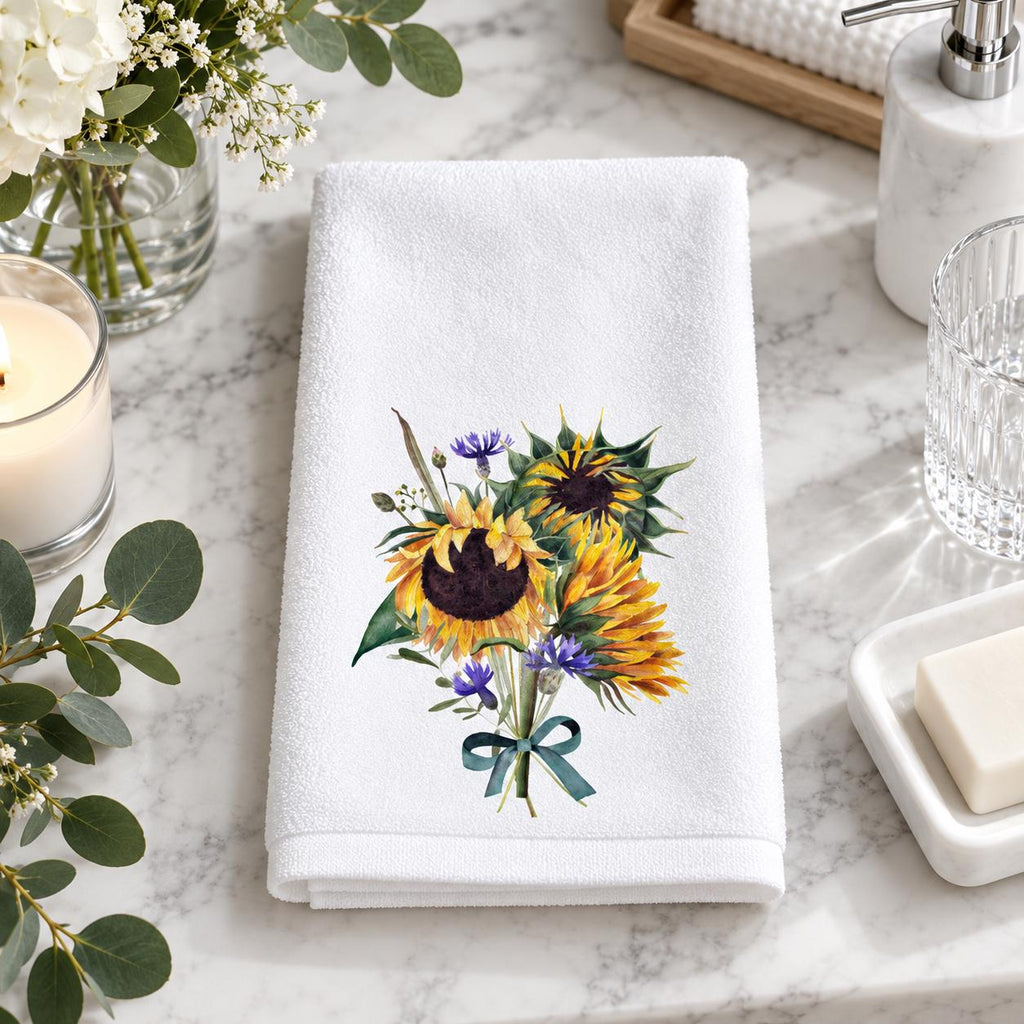 Sunflower Fingertip Towel, Floral Guest Bath Decor, Farmhouse Powder Room Accent, Hostess Gift