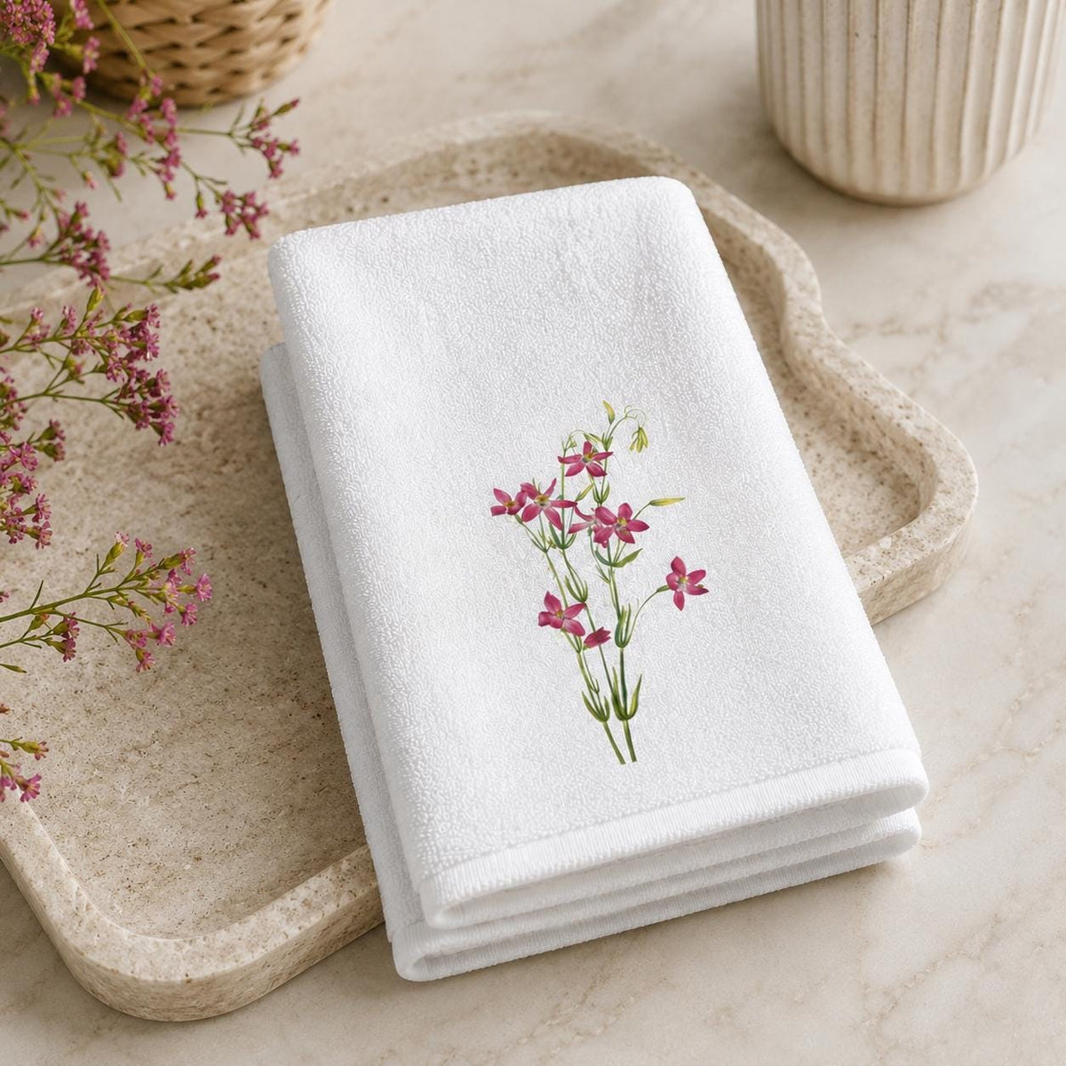 Pink Wildflower Fingertip Towel, Floral Guest Bath Towel, Powder Room Decor