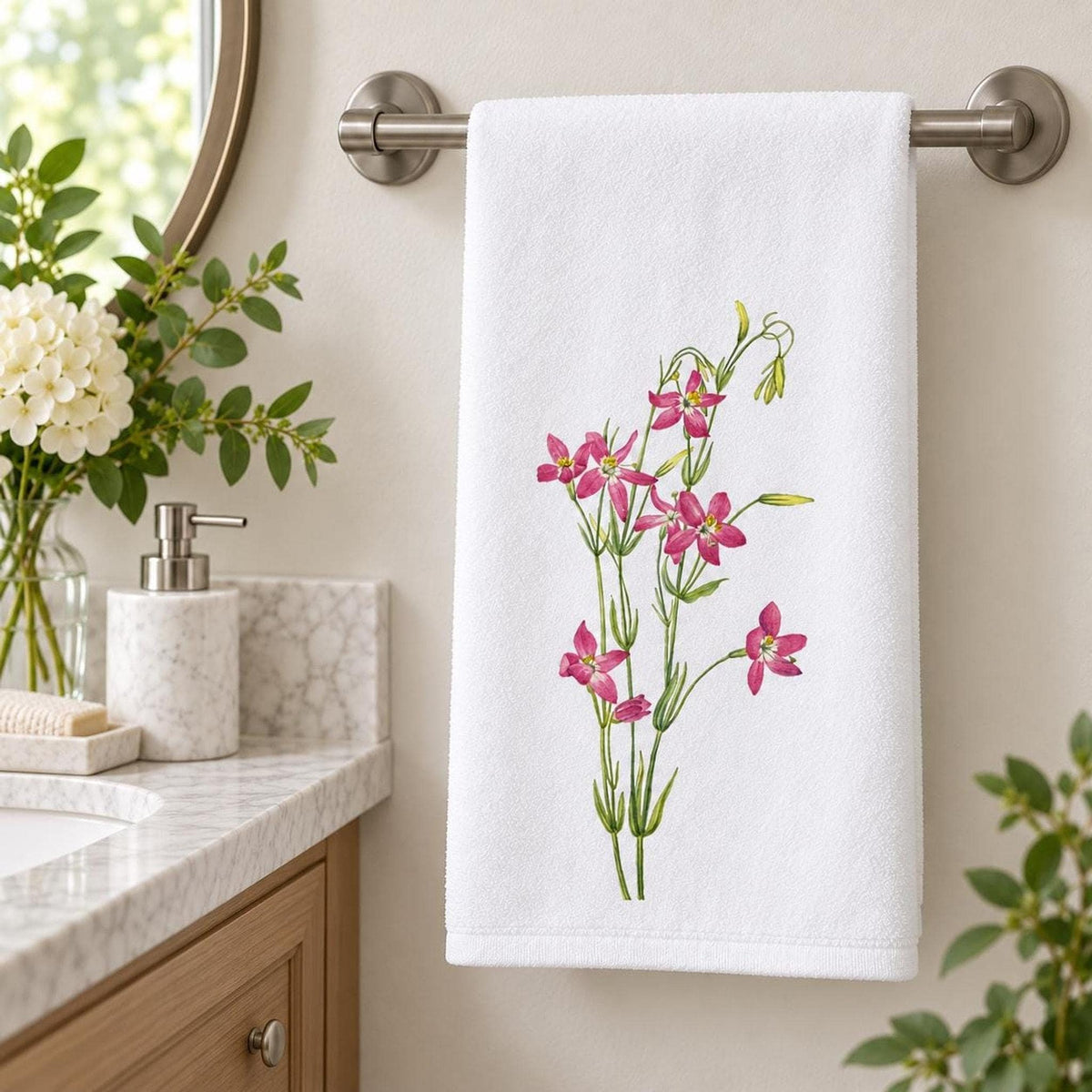 Floral Bath Towel, Pink Wildflower Print, 24 × 42 Inch Cotton Terry