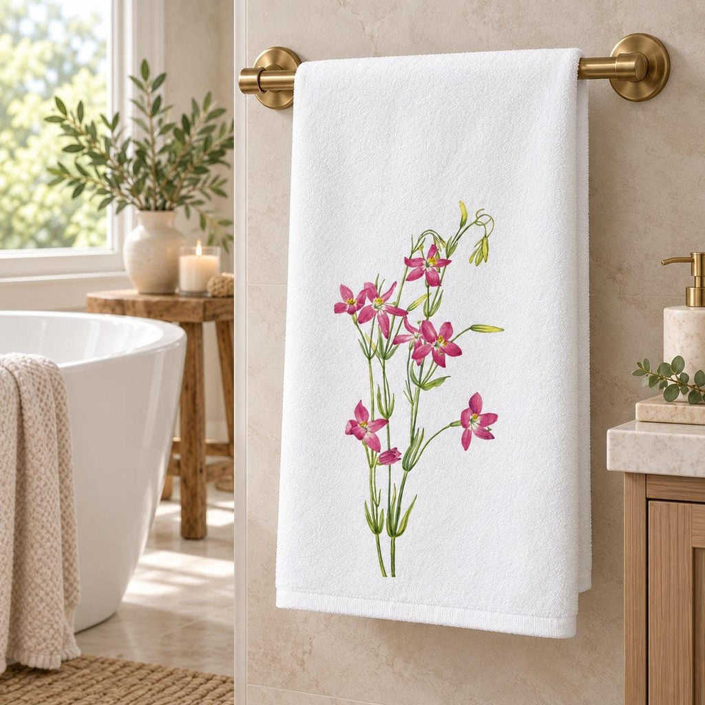 Floral Bath Towel, Pink Wildflower Print, 24 × 42 Inch Cotton Terry