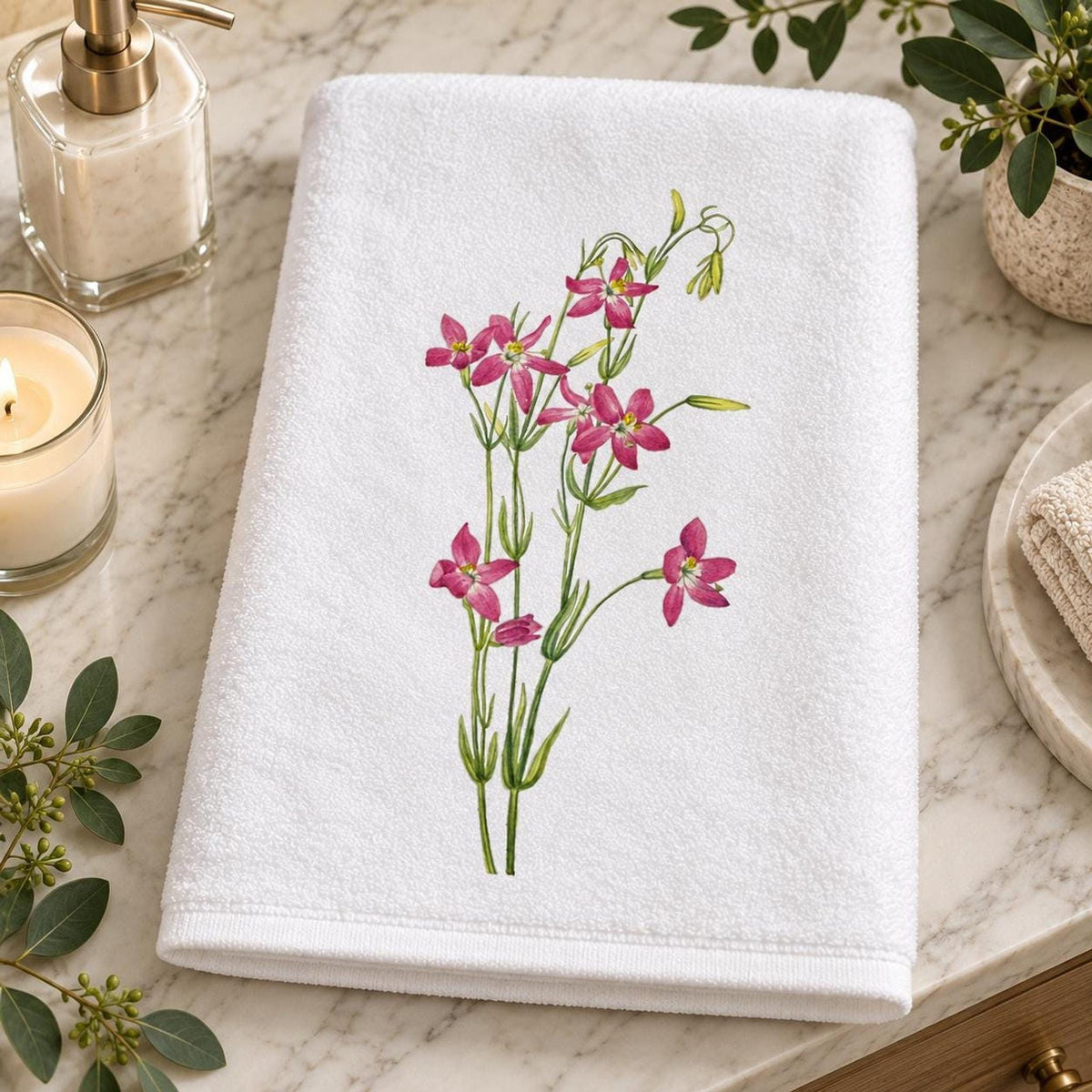 Floral Bath Towel, Pink Wildflower Print, 24 × 42 Inch Cotton Terry
