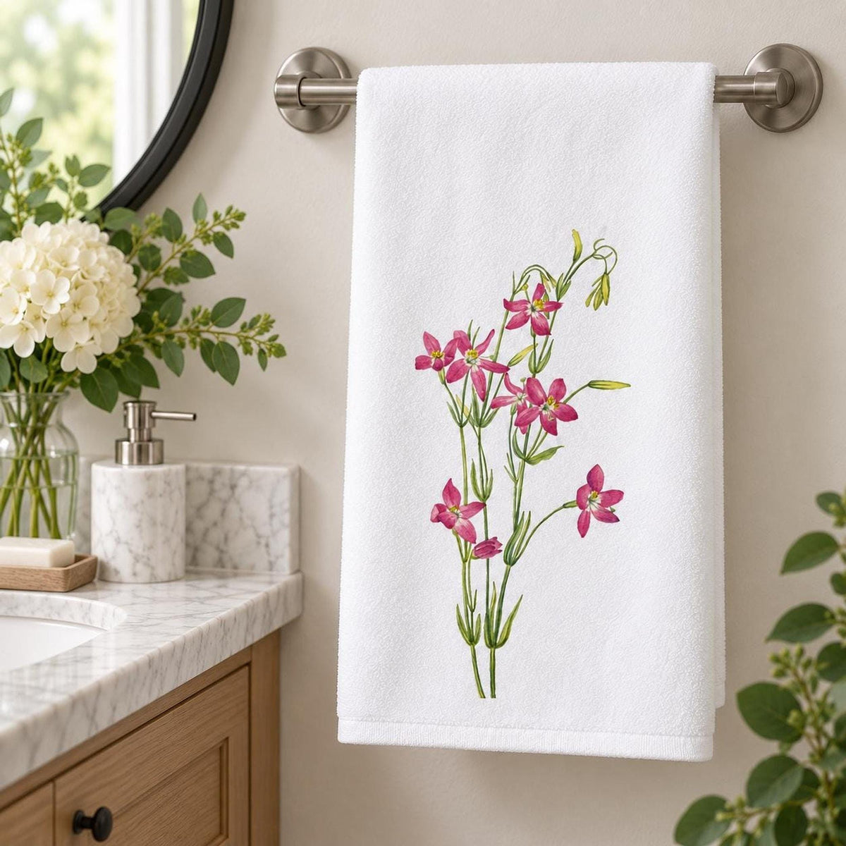 Floral Bath Towel, Pink Wildflower Print, 24 × 42 Inch Cotton Terry