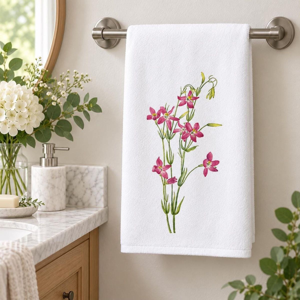 Floral Bath Towel, Pink Wildflower Print, 24 × 42 Inch Cotton Terry