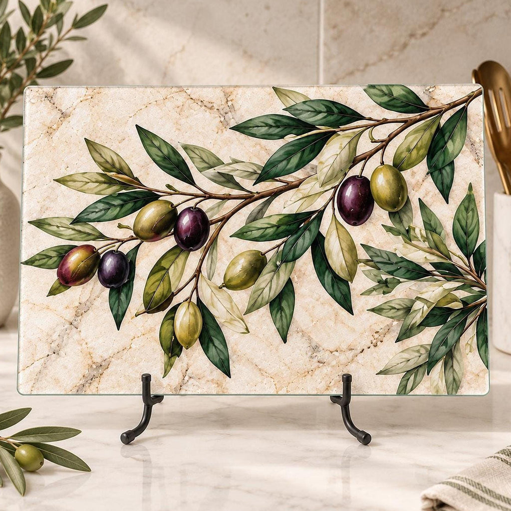 Olive Cutting Board, Tempered Glass Charcuterie Tray, Mediterranean Decor