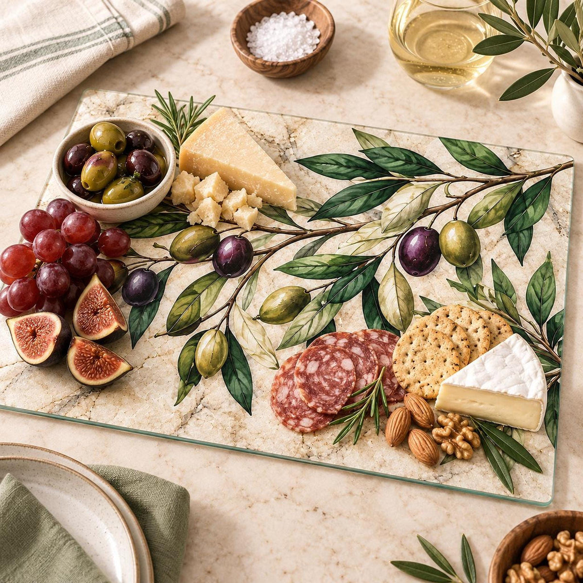 Olive Cutting Board, Tempered Glass Charcuterie Tray, Mediterranean Decor