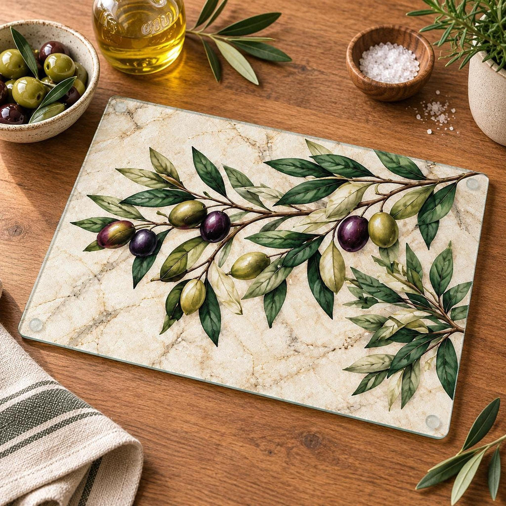 Olive Cutting Board, Tempered Glass Charcuterie Tray, Mediterranean Decor