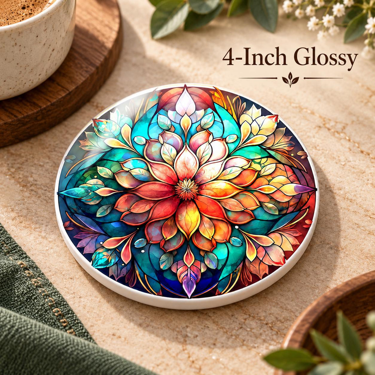 Colorful Floral Ceramic Coaster, Stained Glass Style Decor, Botanical Gift, Boho Home Accent