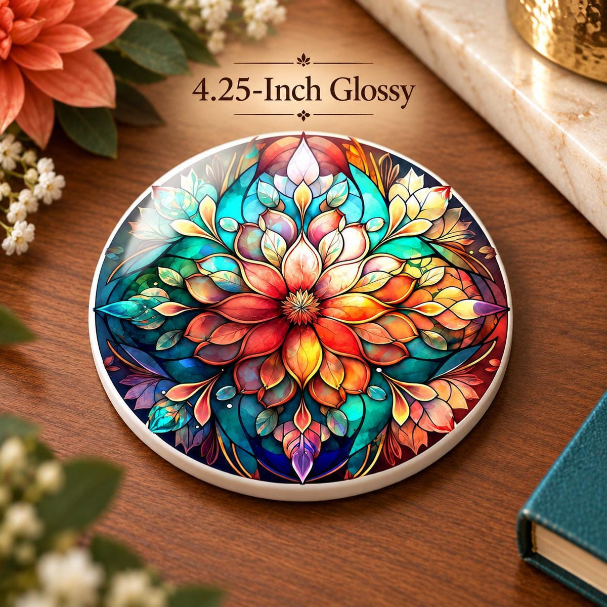 Colorful Floral Ceramic Coaster, Stained Glass Style Decor, Botanical Gift, Boho Home Accent