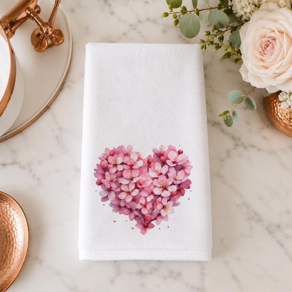 Hand Towel, Pink Floral Heart, Cotton Terrycloth Powder Room Decor