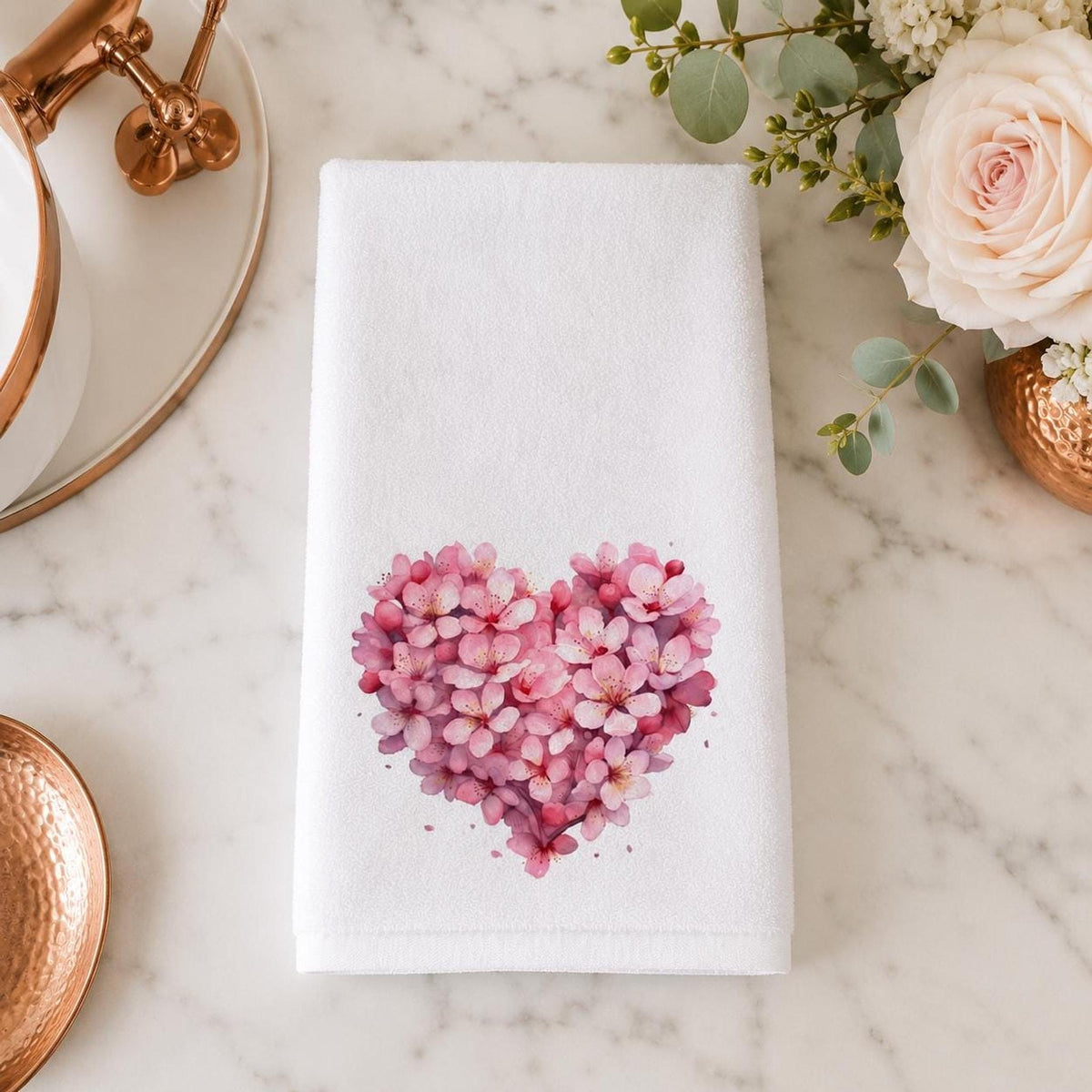 Hand Towel, Pink Floral Heart, Cotton Terrycloth Powder Room Decor