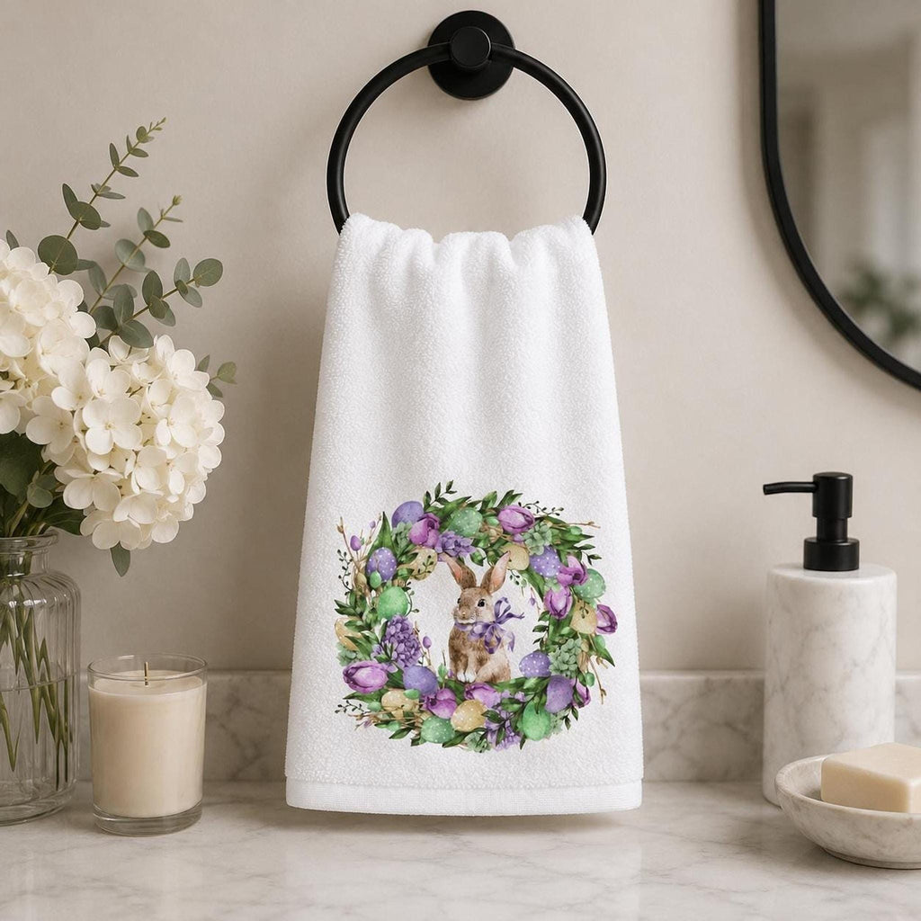 Watercolor Easter Bunny Wreath Hand Towel, Spring Floral Guest Towel