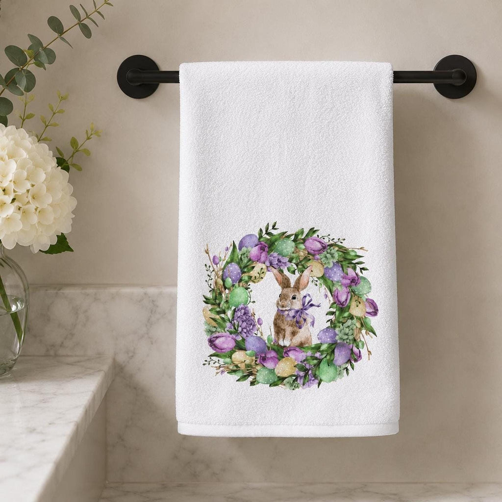 Watercolor Easter Bunny Wreath Hand Towel, Spring Floral Guest Towel