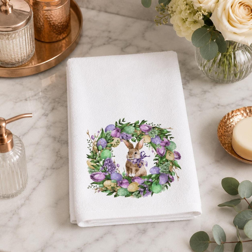 Watercolor Easter Bunny Wreath Hand Towel, Spring Floral Guest Towel