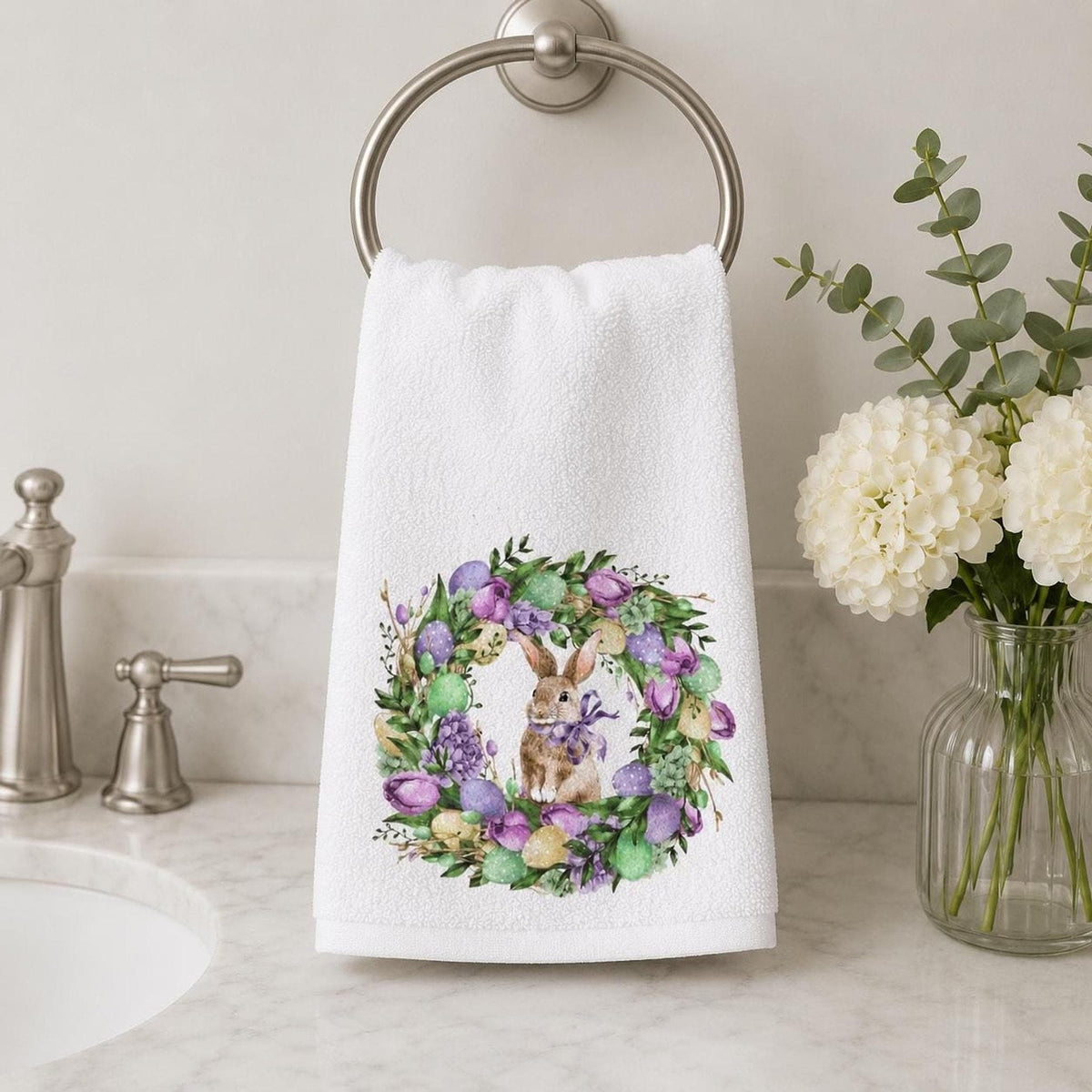 Watercolor Easter Bunny Wreath Hand Towel, Spring Floral Guest Towel