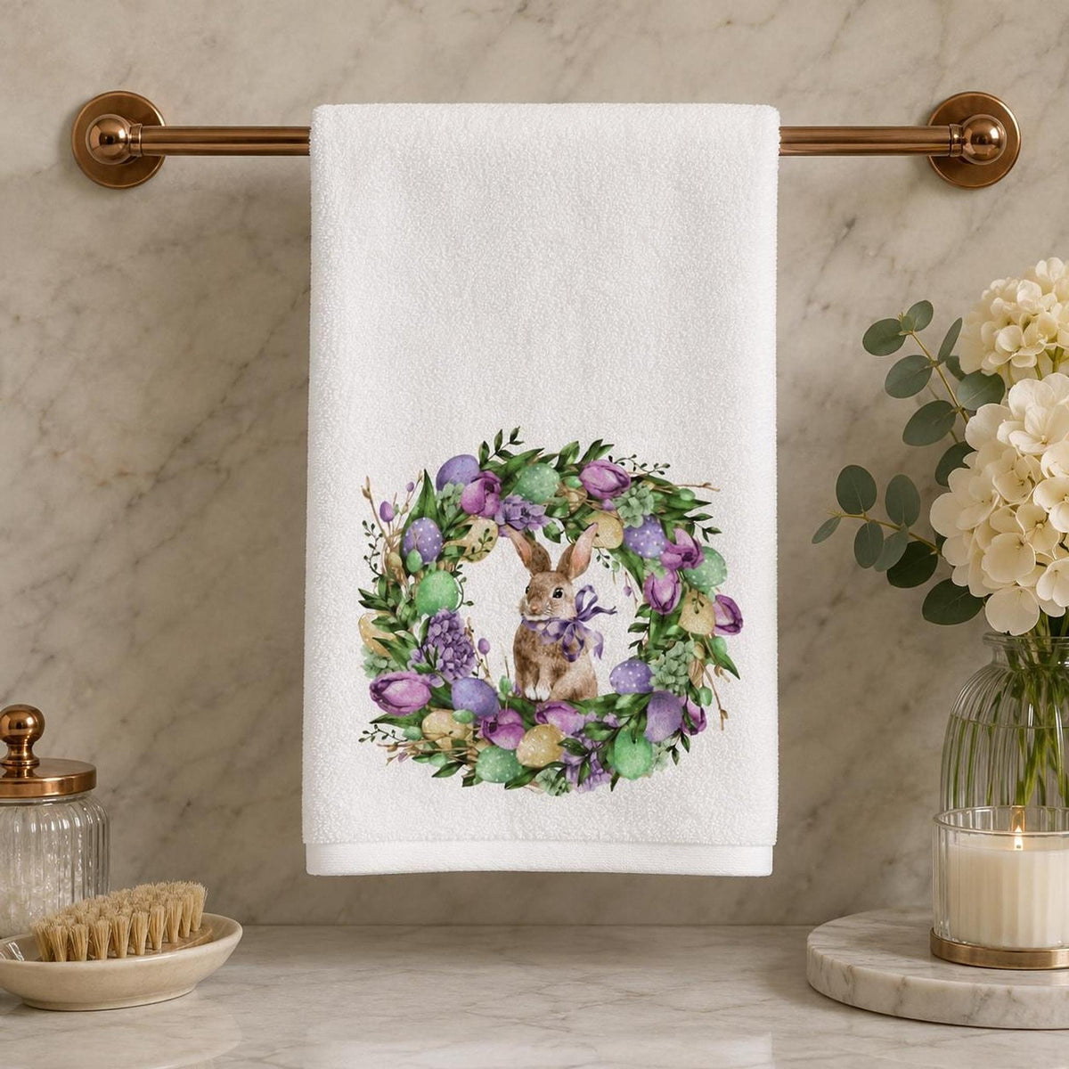 Watercolor Easter Bunny Wreath Hand Towel, Spring Floral Guest Towel