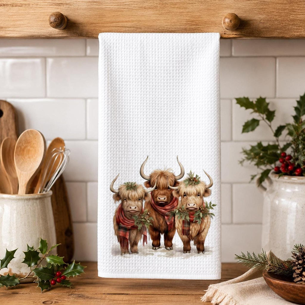 Highland Cow Towel, Christmas Kitchen Decor, White Microfiber Waffle Weave