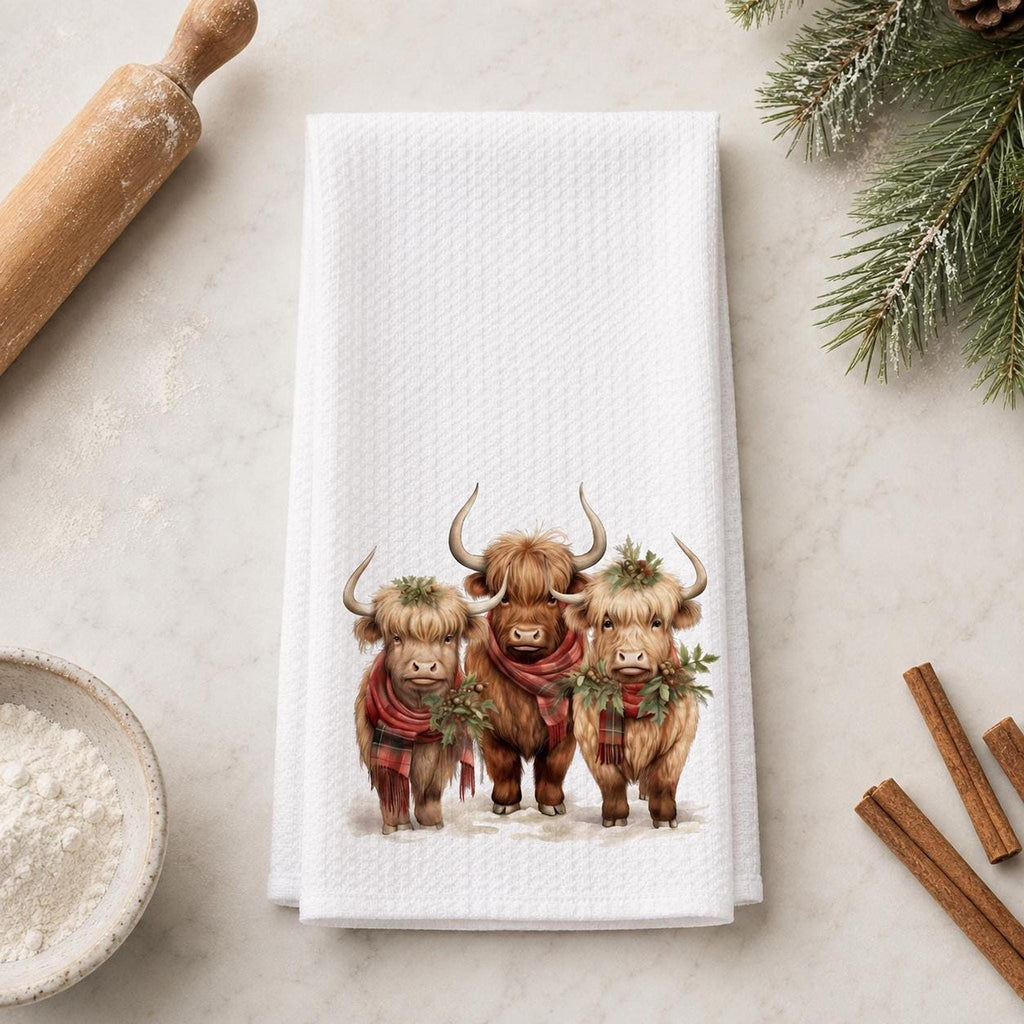 Highland Cow Towel, Christmas Kitchen Decor, White Microfiber Waffle Weave