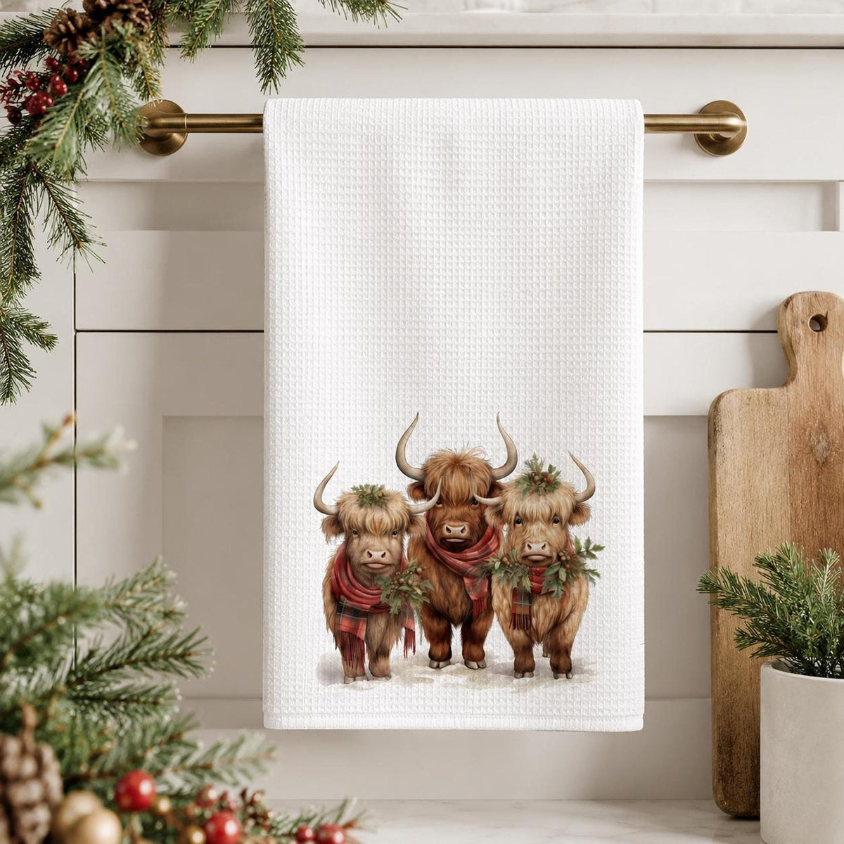 Highland Cow Towel, Christmas Kitchen Decor, White Microfiber Waffle Weave