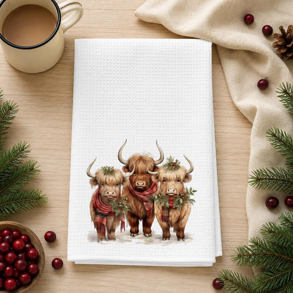 Highland Cow Towel, Christmas Kitchen Decor, White Microfiber Waffle Weave