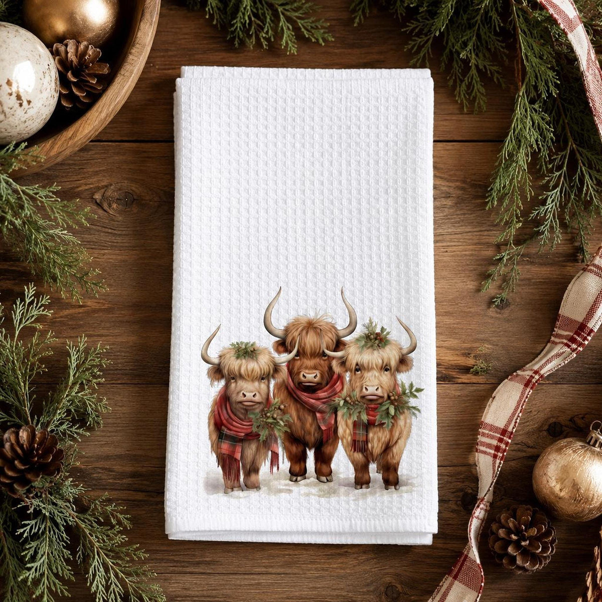 Highland Cow Towel, Christmas Kitchen Decor, White Microfiber Waffle Weave