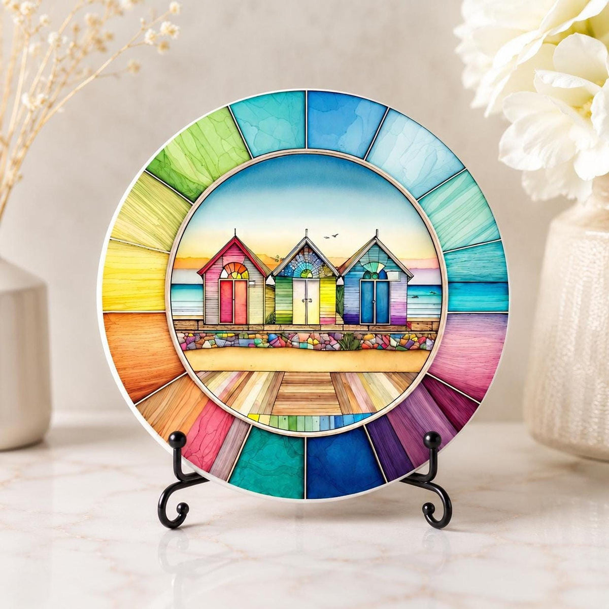 Beach Hut Coaster, Colorful Ceramic Drink Mat with Rainbow Border