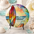 Beach Table Decor Ceramic Coaster, Surfboard Sunset Ocean Art