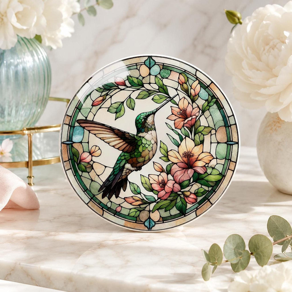 Garden Table Decor Hummingbird Ceramic Coaster, Floral Bird Artwork