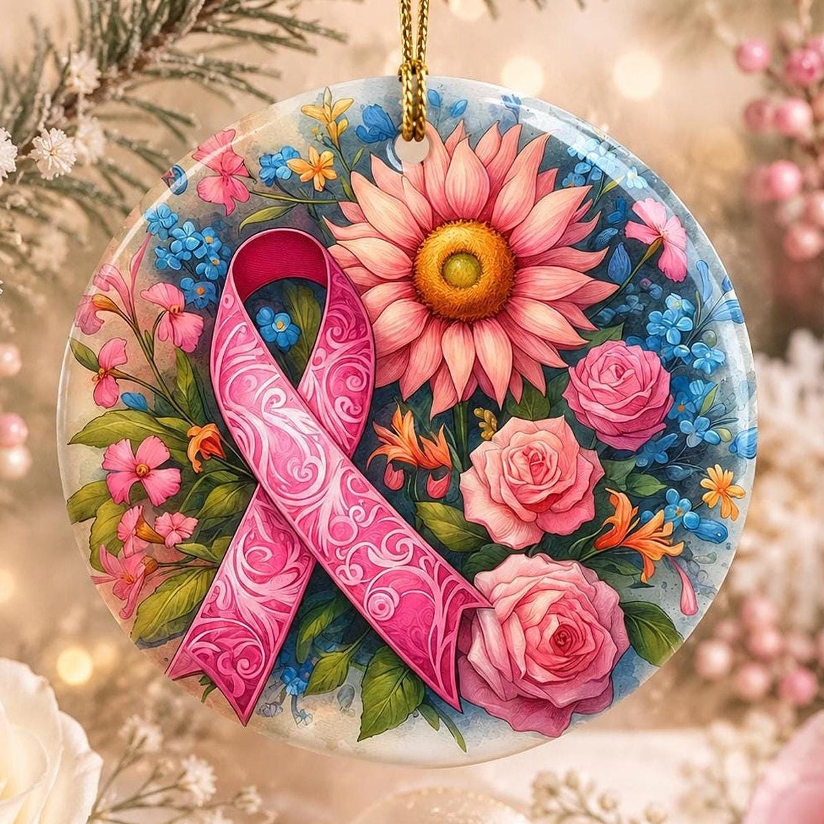 Pink Ribbon Ornament, 3-Inch Ceramic Floral Christmas Keepsake