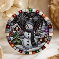 Snowman Ornament, Round Ceramic Winter Village Decor, Glossy Printed Holiday Keepsake