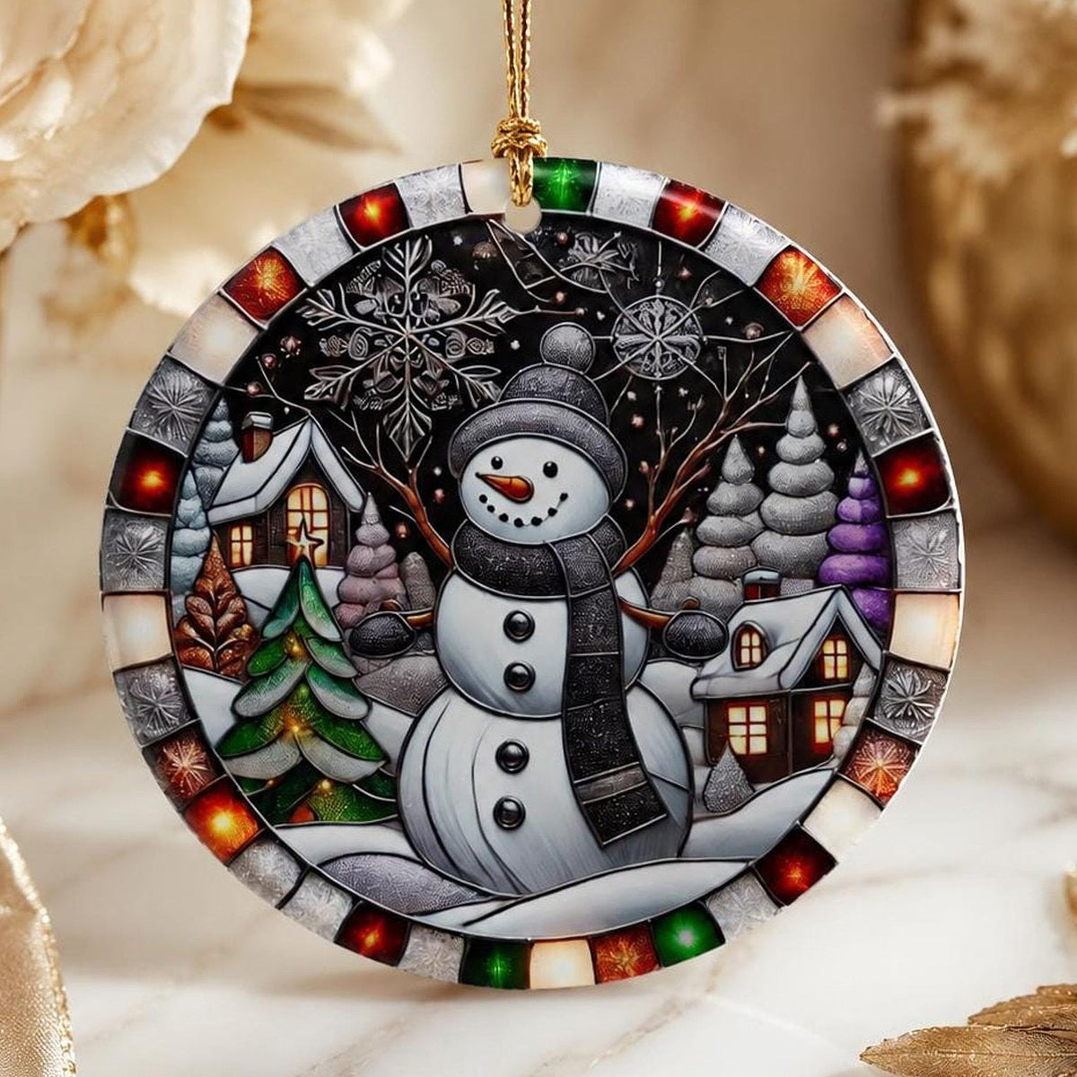 Snowman Ornament, Round Ceramic Winter Village Decor, Glossy Printed Holiday Keepsake