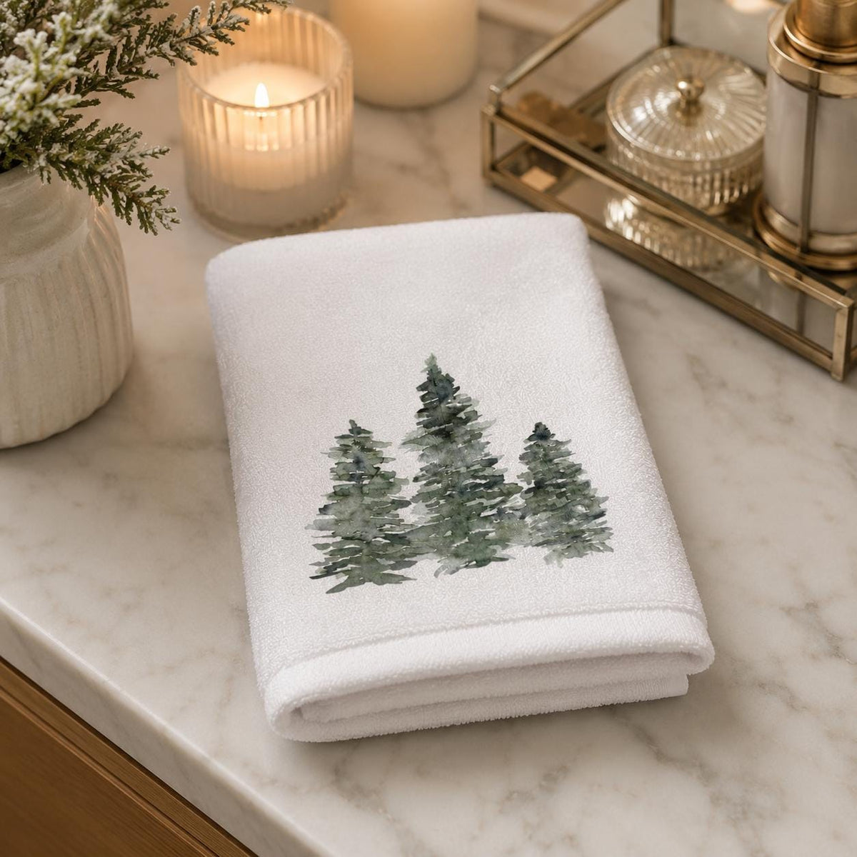 Evergreen Tree Fingertip Towel, Winter Guest Bath Decor, Pine Forest Powder Room Towel