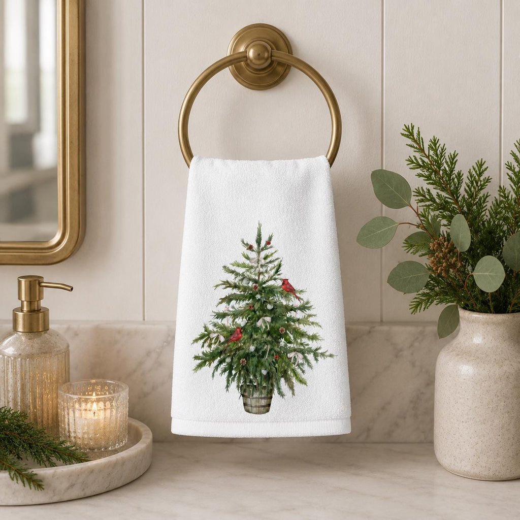 Christmas Tree Fingertip Towel, Cardinal Guest Bath Decor, Farmhouse Holiday Powder Room Accent