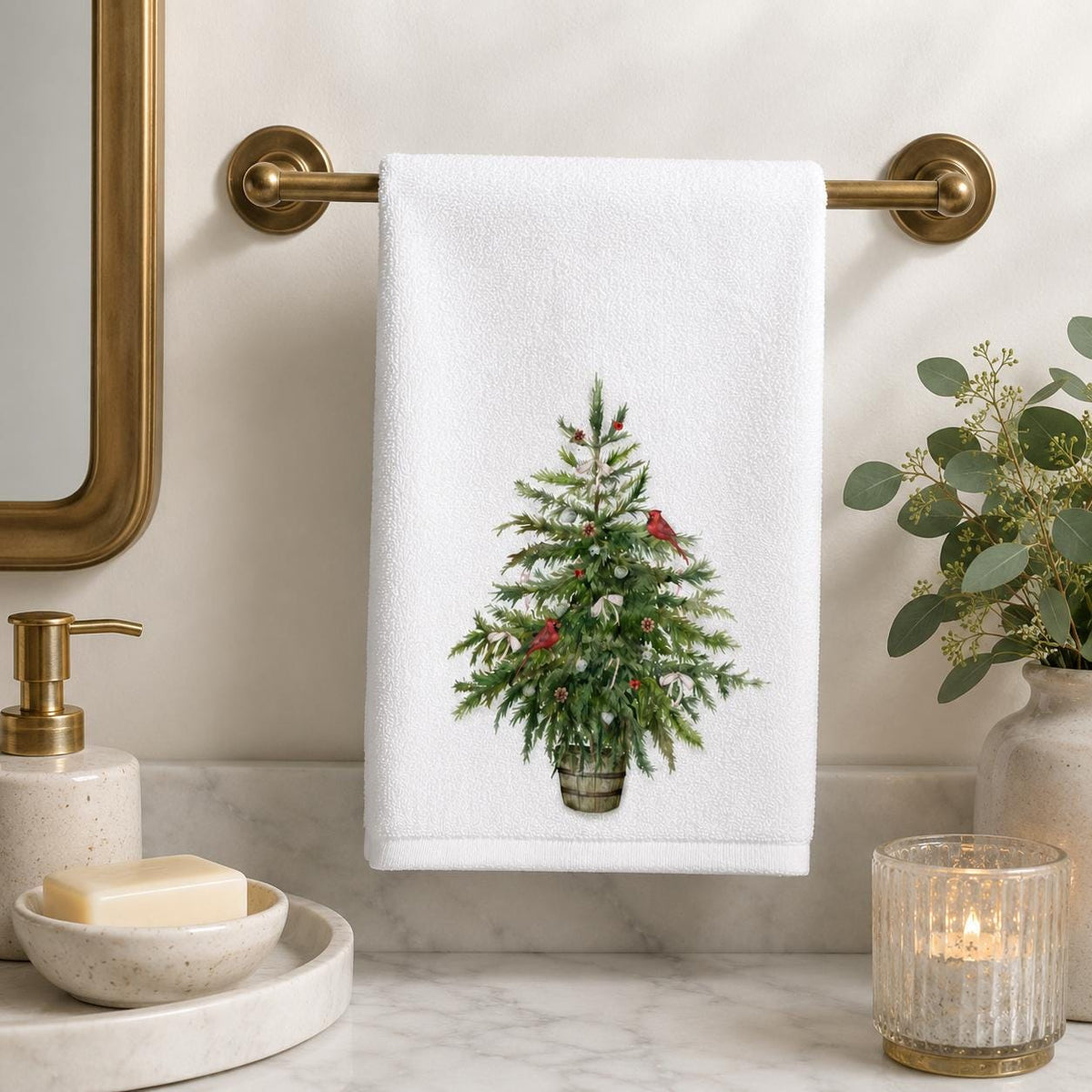 Christmas Tree Fingertip Towel, Cardinal Guest Bath Decor, Farmhouse Holiday Powder Room Accent