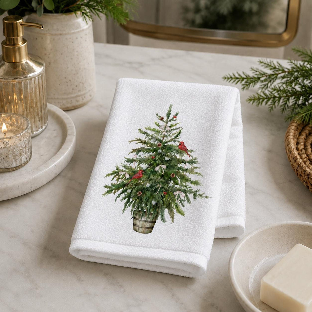 Christmas Tree Fingertip Towel, Cardinal Guest Bath Decor, Farmhouse Holiday Powder Room Accent