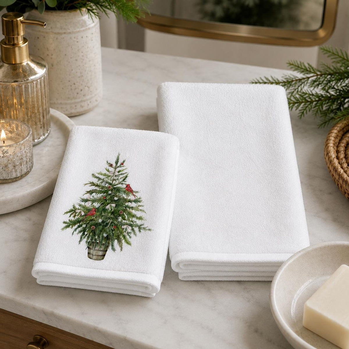 Christmas Tree Fingertip Towel, Cardinal Guest Bath Decor, Farmhouse Holiday Powder Room Accent
