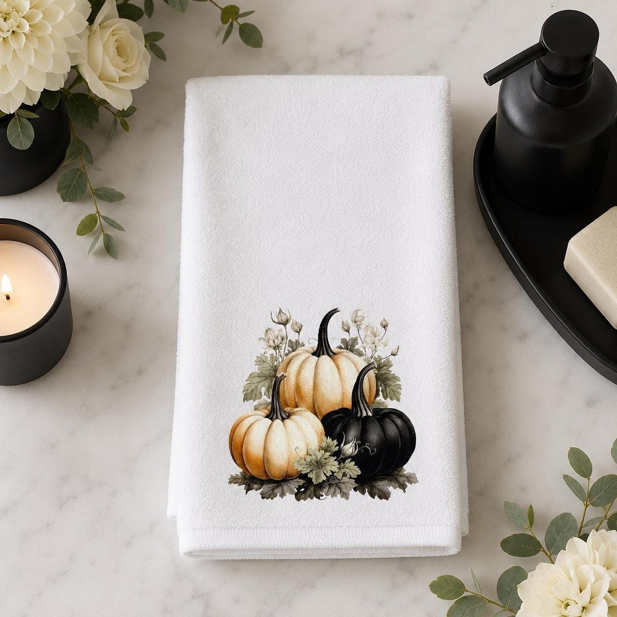 Black Pumpkin Hand Towel, 15 × 25 Inch Sheared Polyester Front, Cotton Terrycloth Back