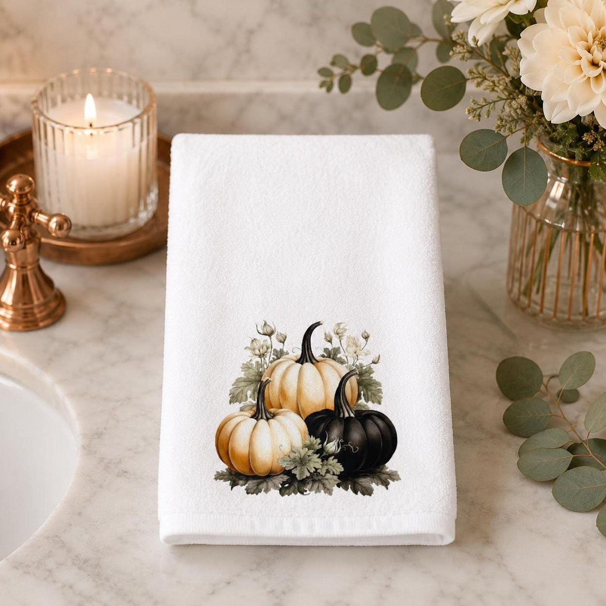 Black Pumpkin Hand Towel, 15 × 25 Inch Sheared Polyester Front, Cotton Terrycloth Back