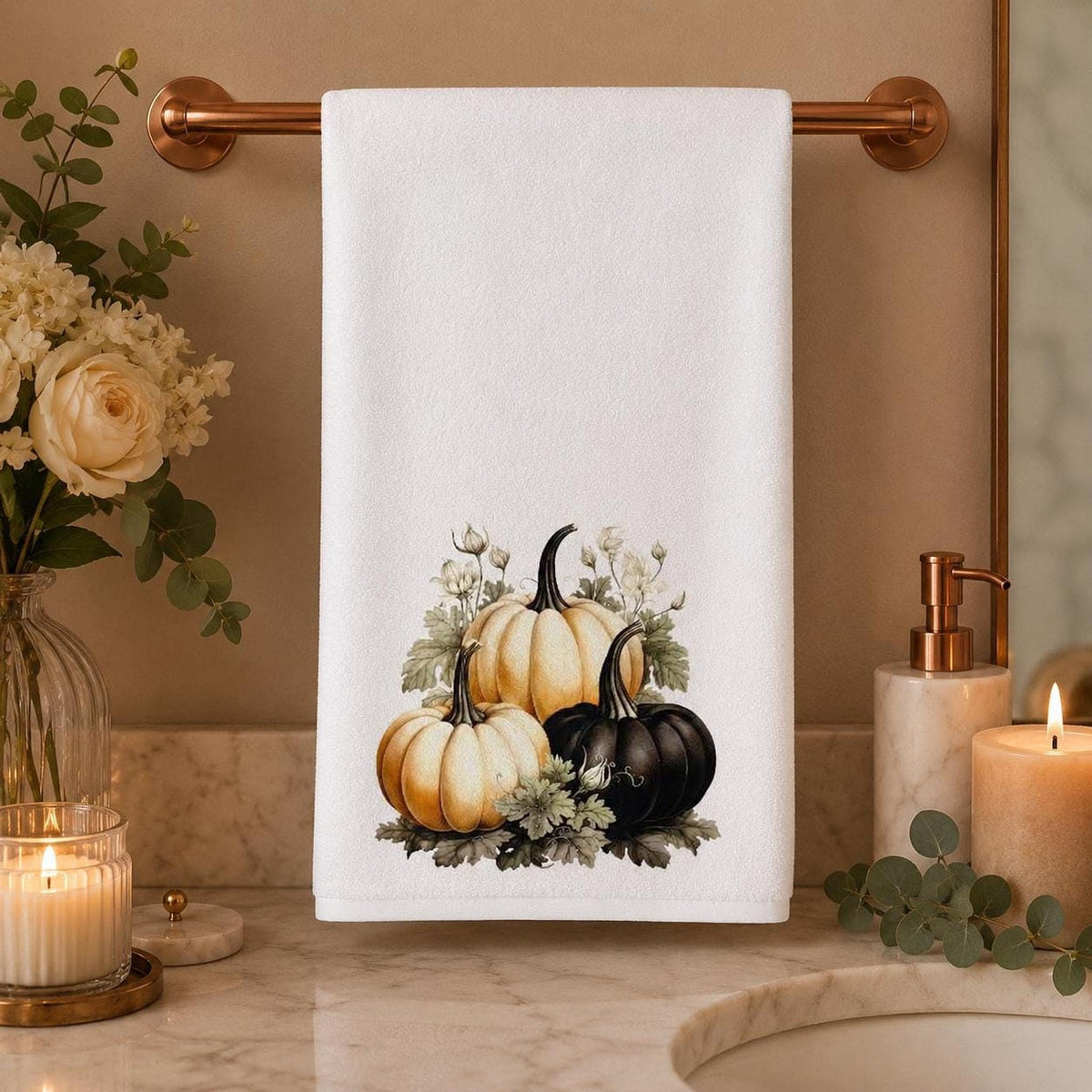 Black Pumpkin Hand Towel, 15 × 25 Inch Sheared Polyester Front, Cotton Terrycloth Back