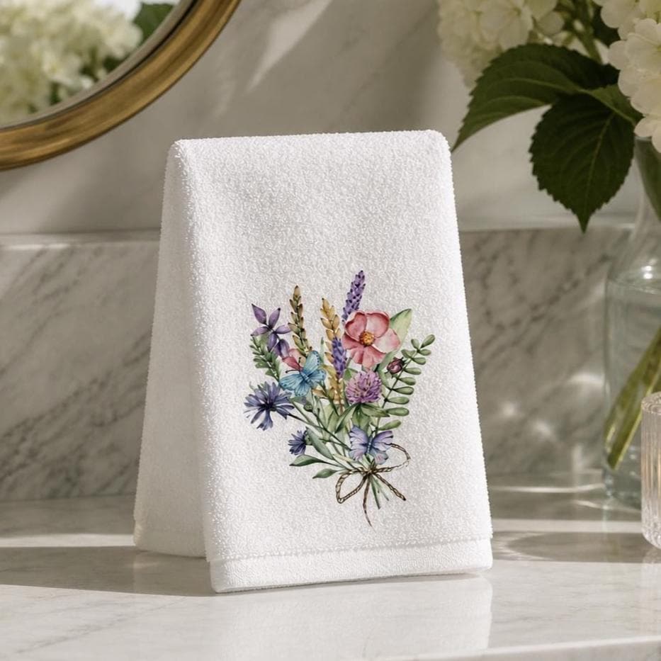 Wildflower Fingertip Towel, Floral Guest Bath Decor, Botanical Powder Room Linen