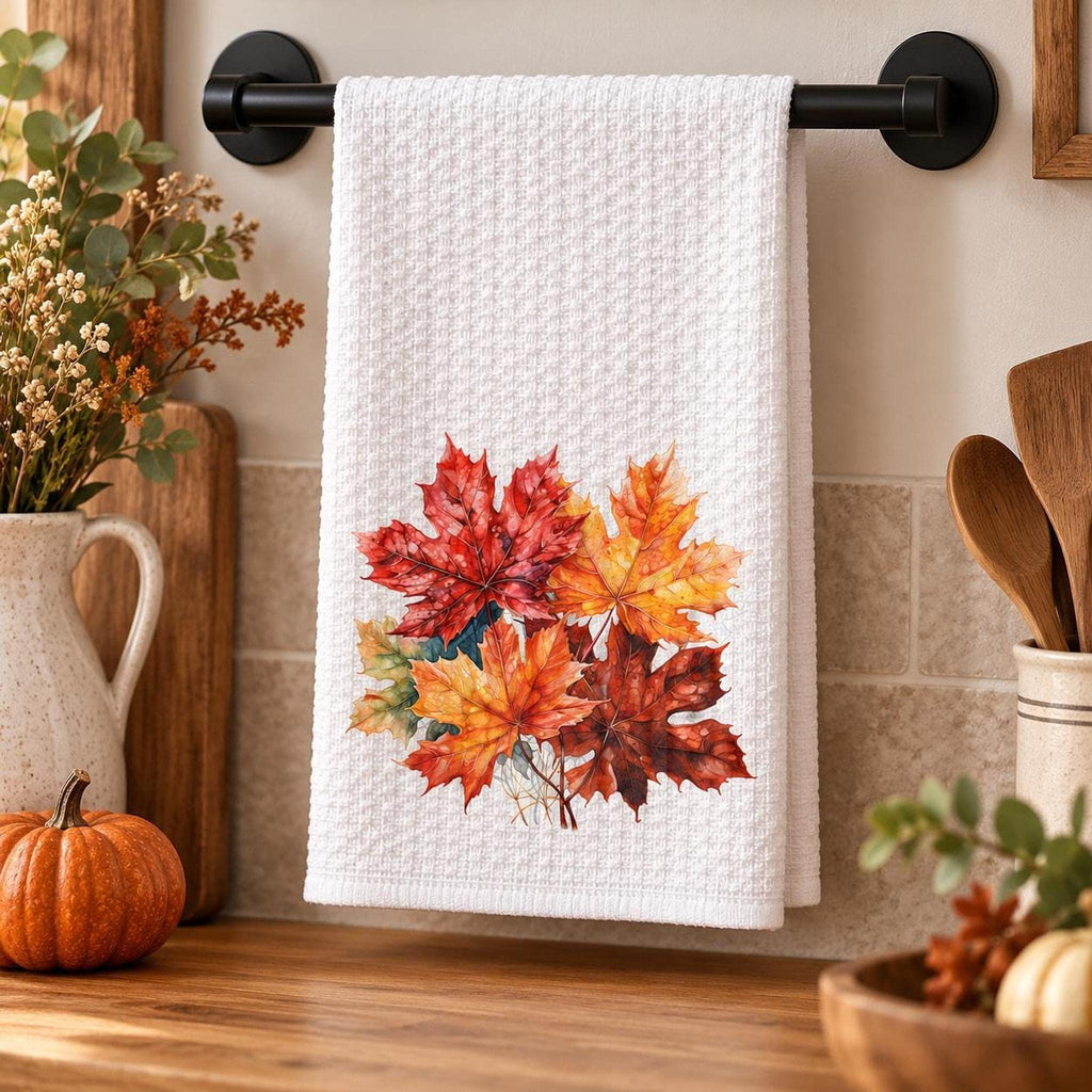 Waffle Kitchen Towel, White Microfiber Maple Leaf Fall Tea