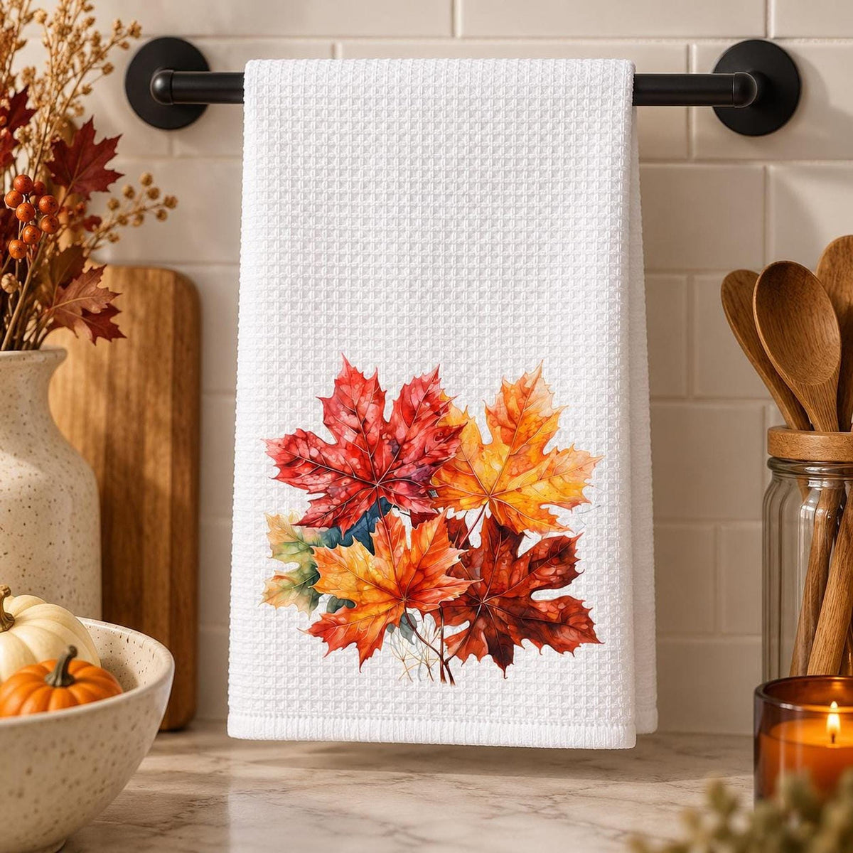 Waffle Kitchen Towel, White Microfiber Maple Leaf Fall Tea