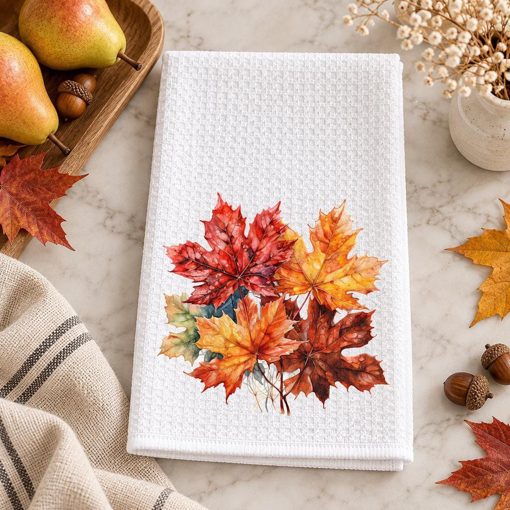 Waffle Kitchen Towel, White Microfiber Maple Leaf Fall Tea