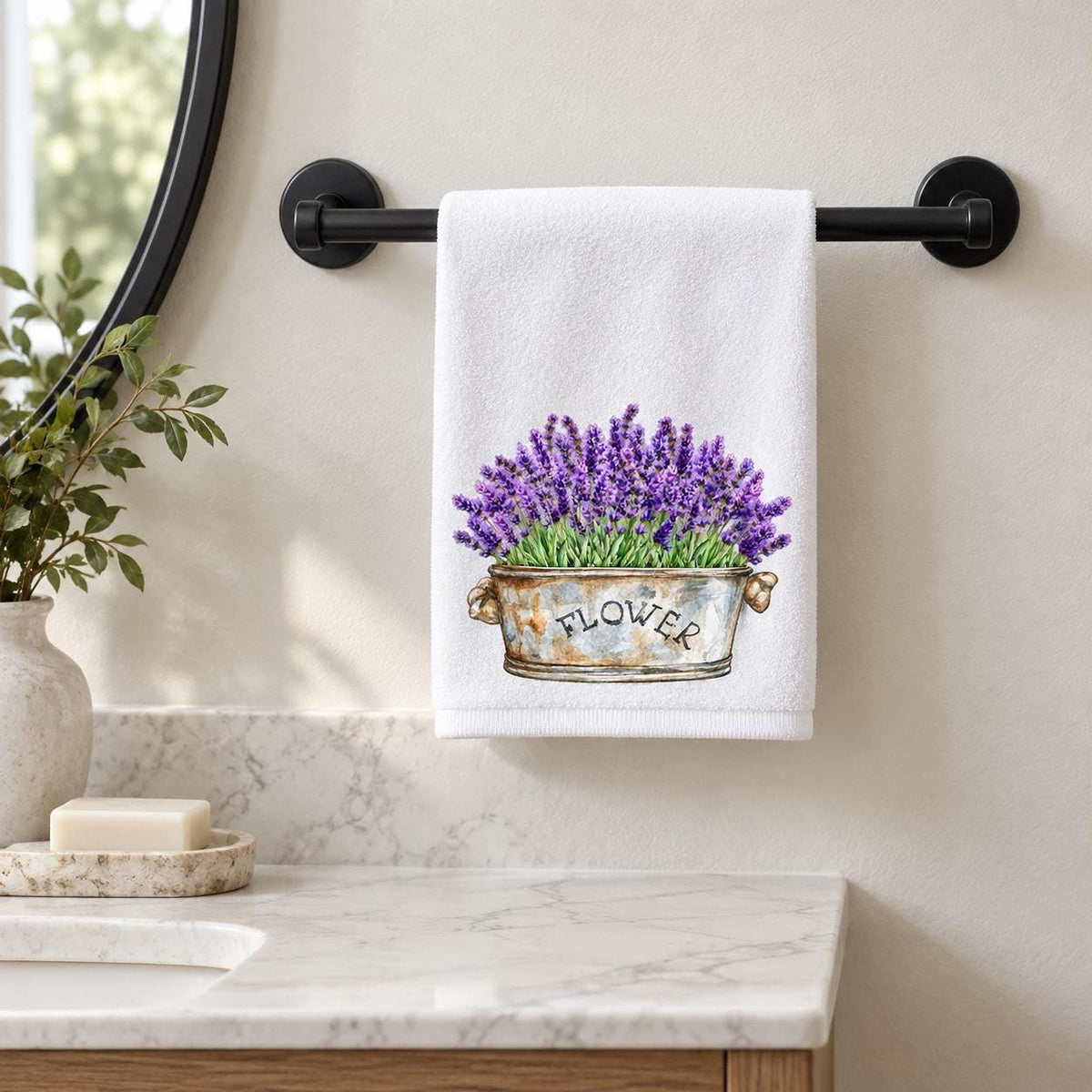 Guest Bath Towel, Lavender Flower Design, 11x18 Cotton Blend
